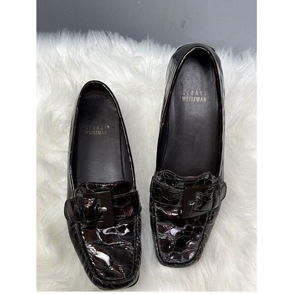 Stuart Weitzman Loafer Womens 5.5 Buckle Croc Embossed Patent Leather Brown - Picture 2 of 9